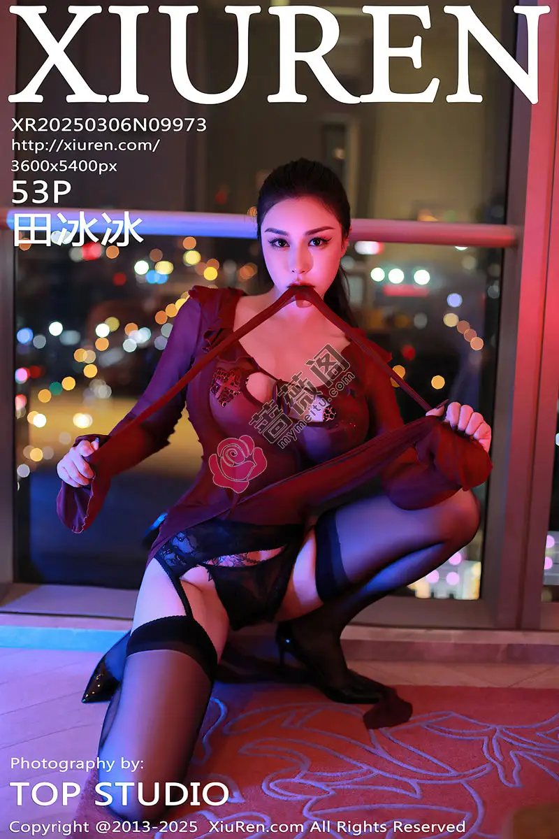 [XiuRen秀人网] NO.9973 模特田冰冰性感酒红色薄纱连衣裙配黑丝吊袜秀丰满身材诱惑写真-蔷薇阁