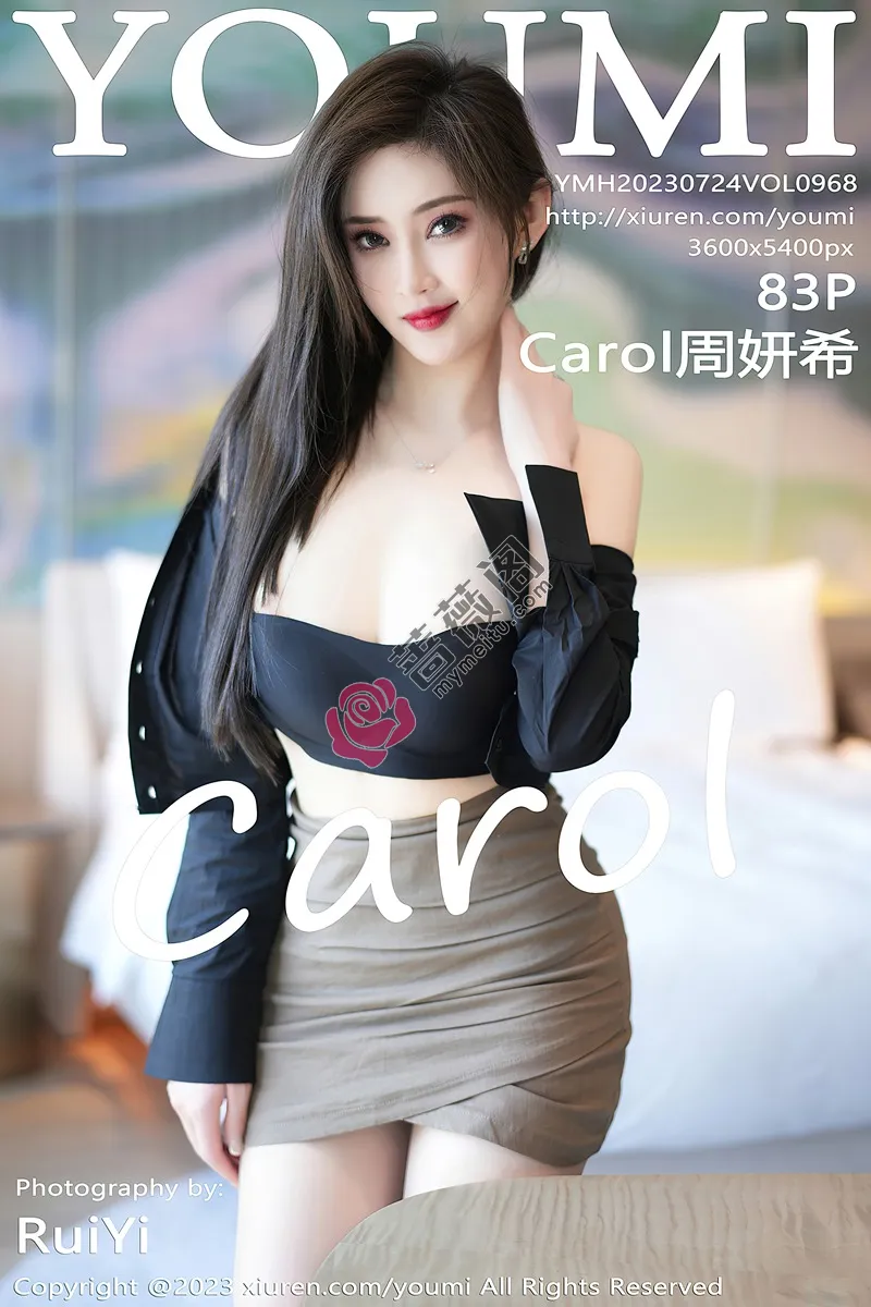 [YouMi尤蜜荟] Vol.968 女神Carol周妍希性感黑衬衫配驼色短裙露黑色内衣完美诱惑写真